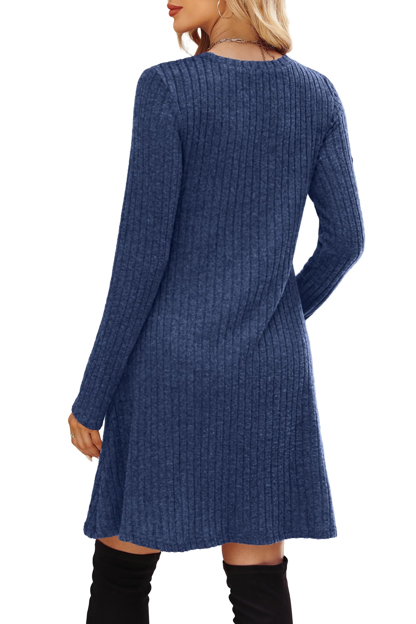 OFEEFAN Long Sleeve Dress for Women Crew Neck Empire Waist Tunic Dress with Pockets