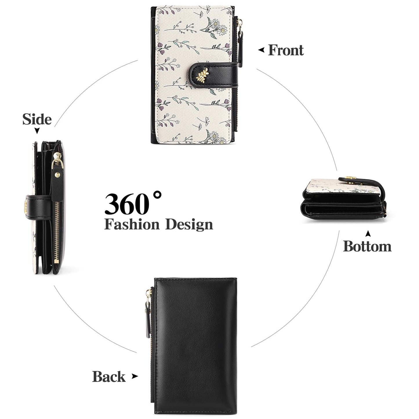 GAEKEAO Wallets for Women RFID Blocking Medium Bifold Ladies Wallet Vegan Leather Floral Card Holder Purse Zipper Coin Pocket