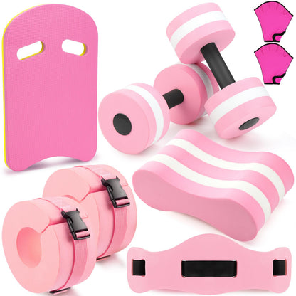 Sonwyoung 8 Pcs Water Aerobics Set Including Exercise Foam Dumbbells Aquatic Swim Belt Pull Buoy Swim Kickboard Sport Gloves Water Weights Equipment for Aquatic Fitness Weight Loss Fitness Tool (Pink)