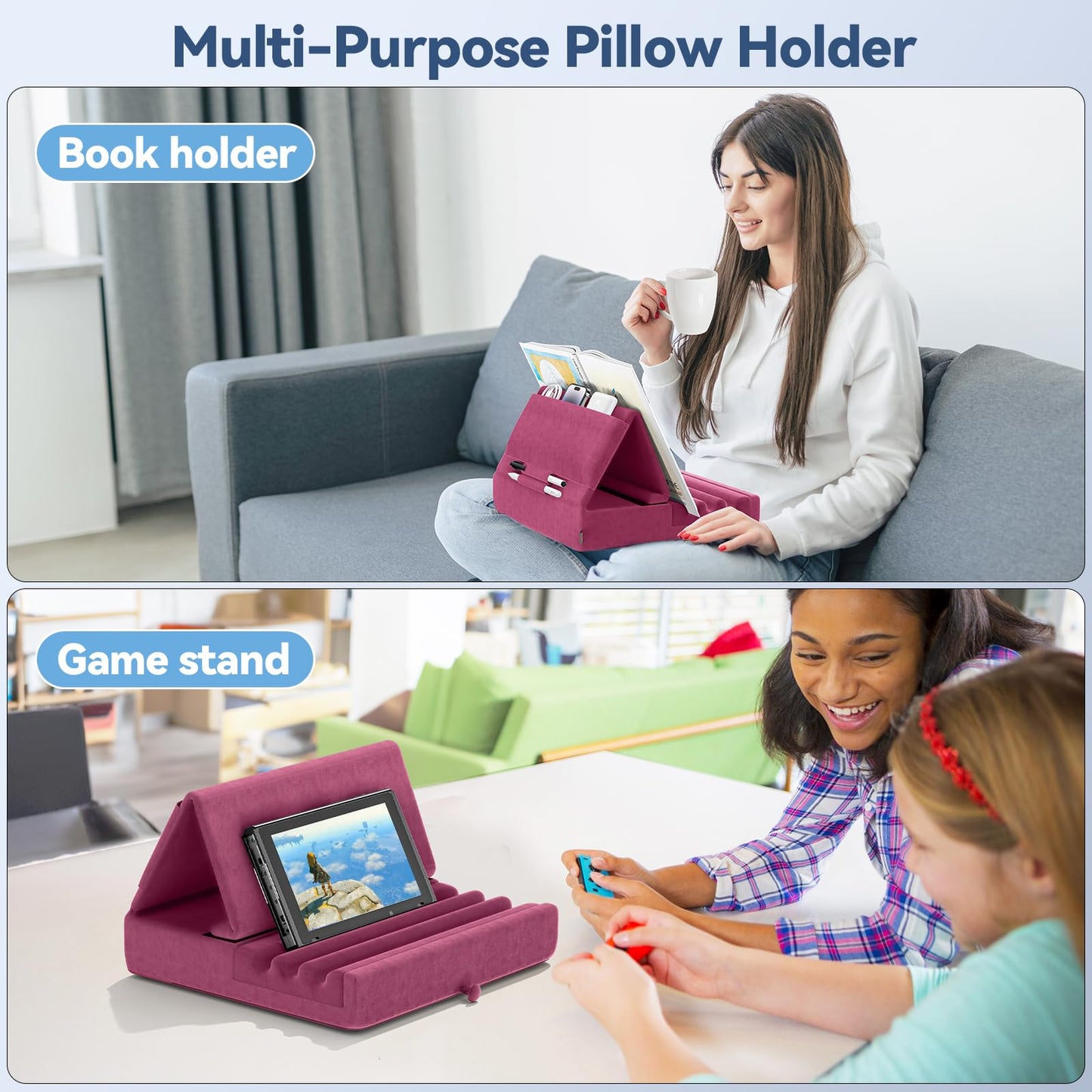 KDD Tablet Pillow Holder, Foldable iPad Stand for Lap, Bed and Desk -Tablet Soft Pad Dock with Pocket & Stylus Mount Compatible with iPad Pro 12.9, 10.5, 9.7 Air Mini 6 5 4 3, Galaxy Tab, E-Reader