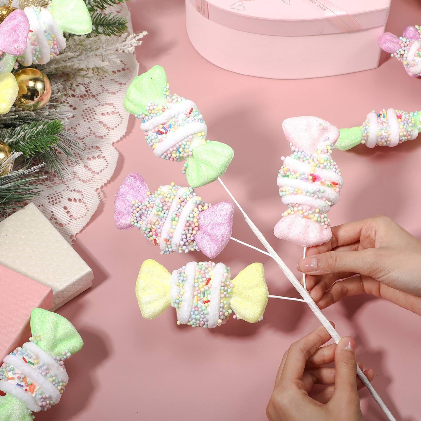 Norme 5 Pcs 16 Inch Pastel Candy Christmas Tree Picks Decoration, Gitter Candy and Lollipop Picks for Christmas Tree Branches, Xmas Ornaments for Wreath Vase Filler Home(Bow Sweets)
