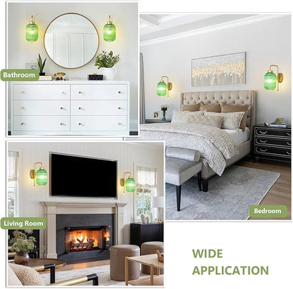 Vintage Battery Operated Wall Sconce with Green Glass Shade, Wireless Sconces Set of 2 with Remote and Dimmable Bulbs, Gold Rechargeable Cordless Wall Lights for Bedroom Living Room Bathroom