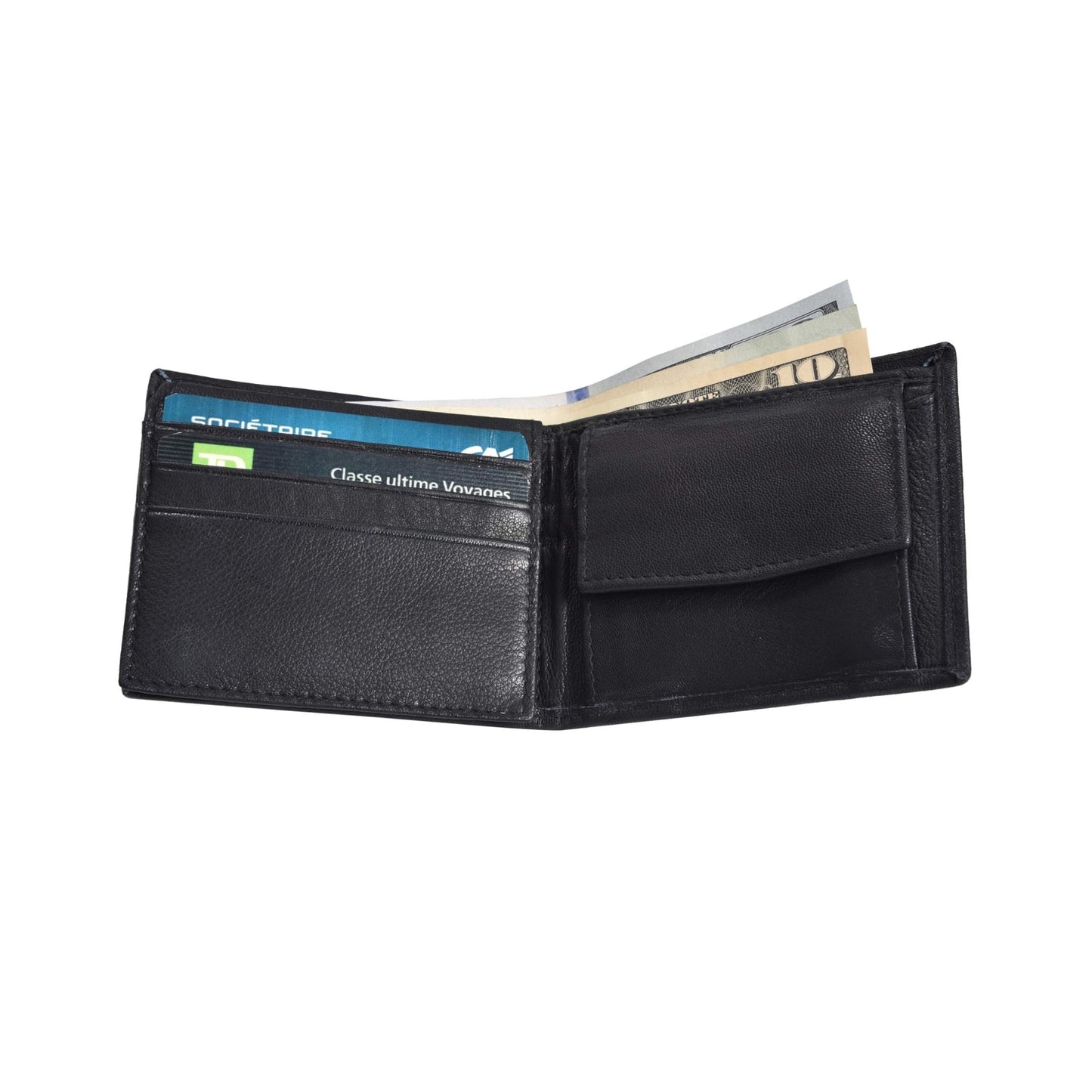 Leatherboss Leather Boys Slim Compact Flap Id Coin Pocket Bifold Wallet with debit credit card holder, Black