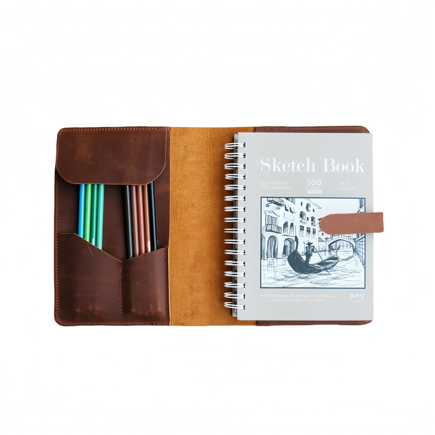 JJNUSA Handmade Leather Sketchbook Cover, Leather Artist Sketch Pad Cover for 5.5" x 8.5" Sketchbook, Drawing Book and Pencil Case, Journal Notebook Portfolio, Artis Drawing Gifts Brown