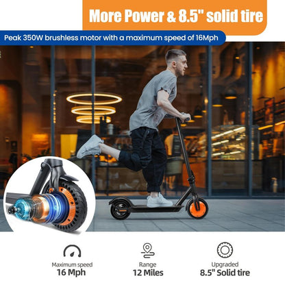 Foldable Electric Scooter for Adults & Teens - 350W Motor, 16MPH Top Speed, 12Miles Range | 8.5” Solid Tires, Dual Brakes & APP Cruise Control, Ideal Commuter Escooter for Daily Use