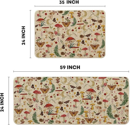 Artoid Mode Mushrooms Butterfly Spring Kitchen Mats Set of 2, Home Decor Low-Profile Kitchen Rugs for Floor - 24x35 and 24x59 Inch
