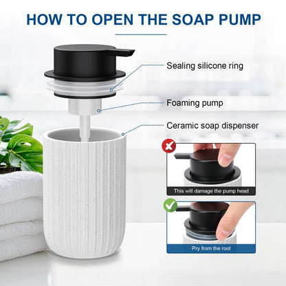 Ceramic Foaming Soap Dispenser, 12 oz Bathroom Foam Hand Soap Dispenser, Refillable Lotion Soap Dispenser with Removable Pump for Kitchen Hand Wash Dispenser, Modern Home Decor(2Pack-Black)