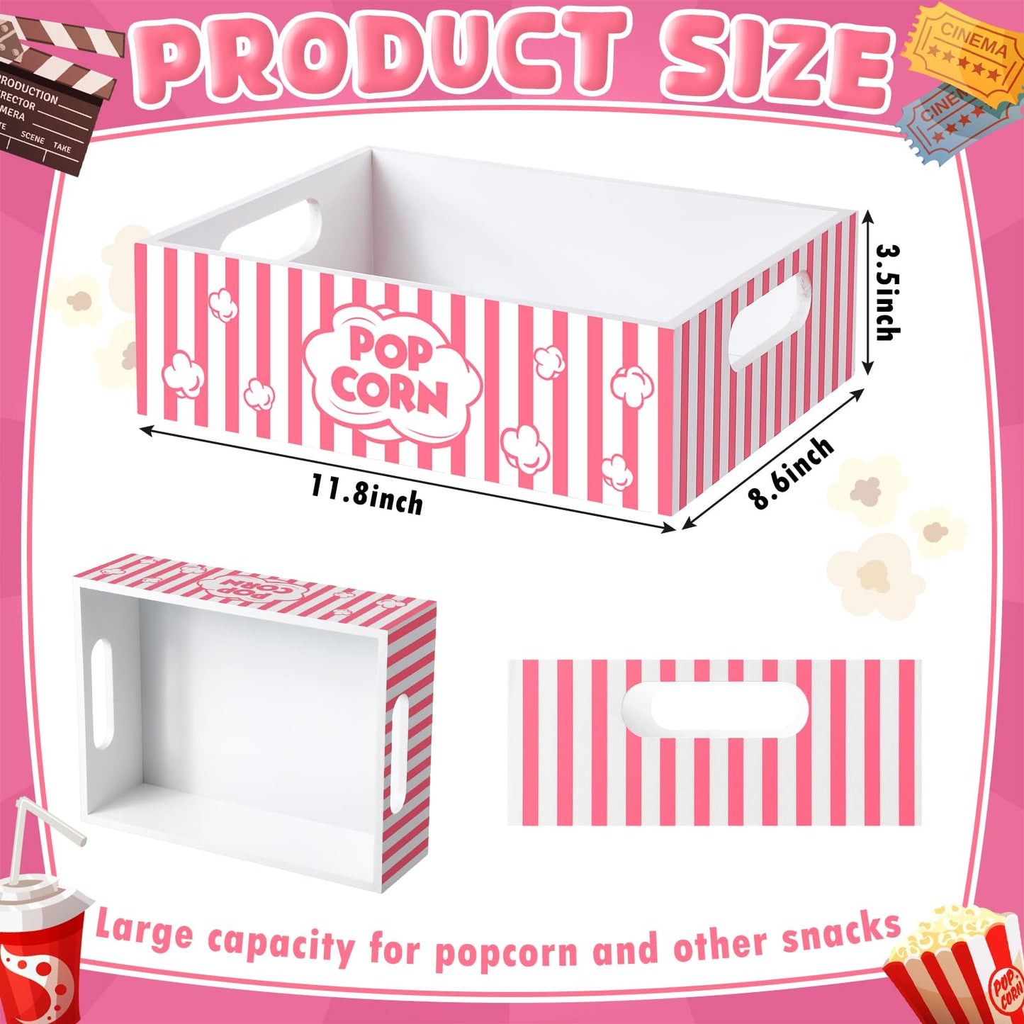 Movie Night Supplies Snack Trays with Handles Reusable Wooden Movie Gift Basket for Theater Popcorn Bucket Bowl Box Container Family Room Decor(Cute)