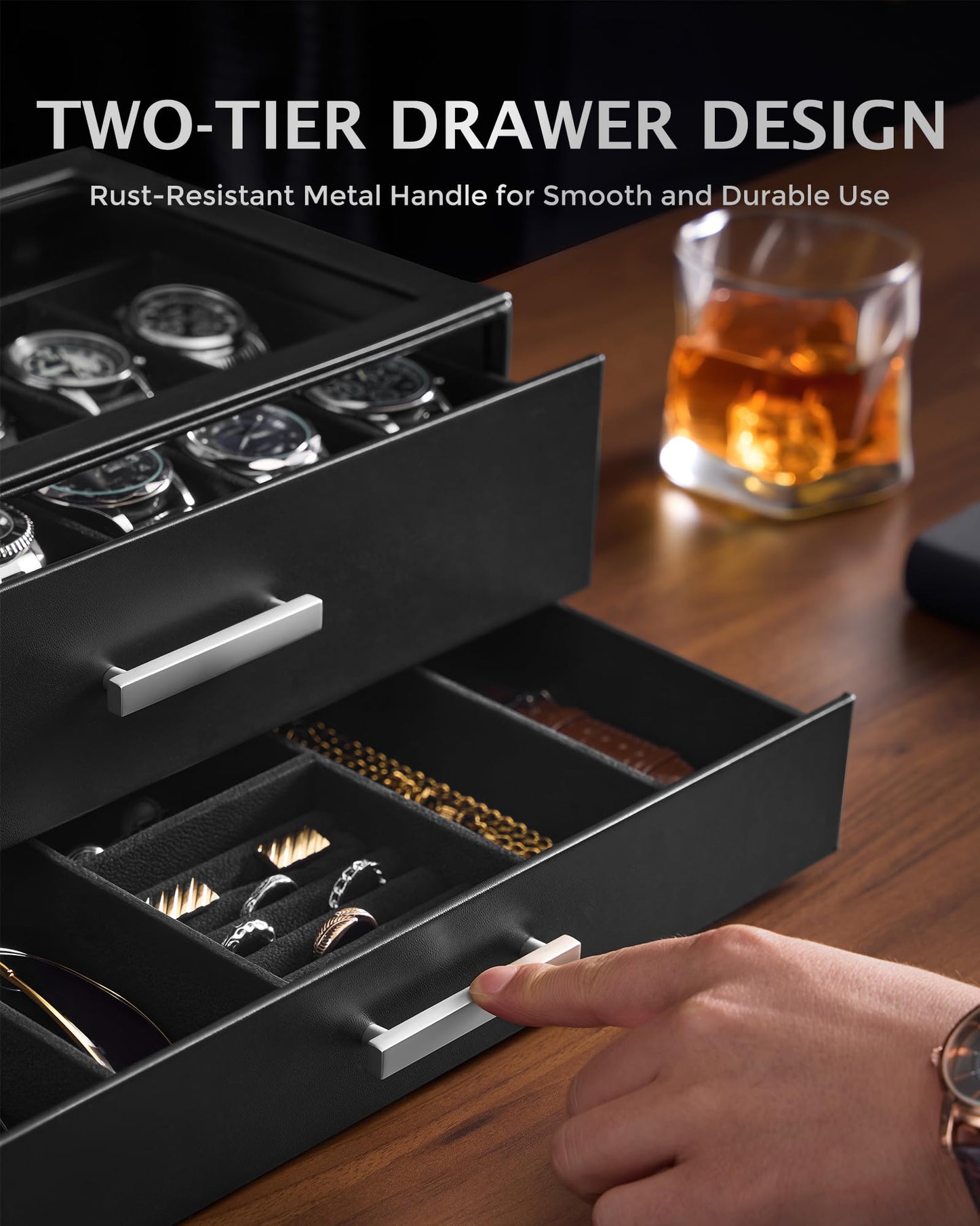 ProCase Black 12 Slot Watch Box and Black 3-Slot Watch Travel Case Bundle, 2-Tier Pull-Out Drawer Organizer, Clear Top Display Lid, Jewelry and Sunglasses Storage, Portable PU Leather Watch Holder