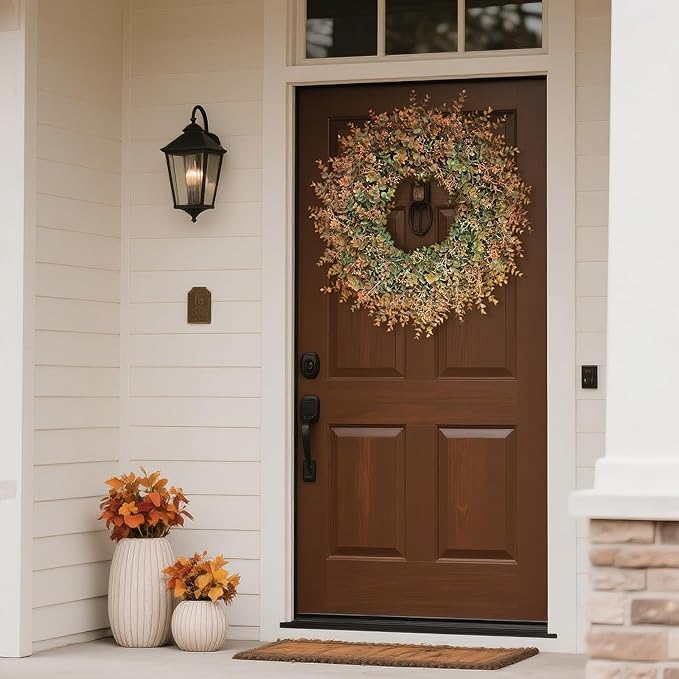 26" Fall Wreath for Front Door - Large Artificial Eucalyptus Leaves with Orange Seeds Outdoor Wreath for Porch, Window,Farmhouse,Home,Thanksgiving Day Harvest Festival Autumn Decor