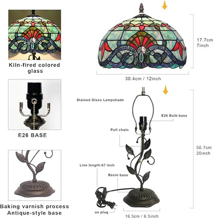 Tiffany Style Table Lamp Handmade Stained Glass Bedside Lamp 12x12x20 inch Metal Leaf Base,Art Glass Lamp for Living Room, Bedroom, Office Decor(Baroque)