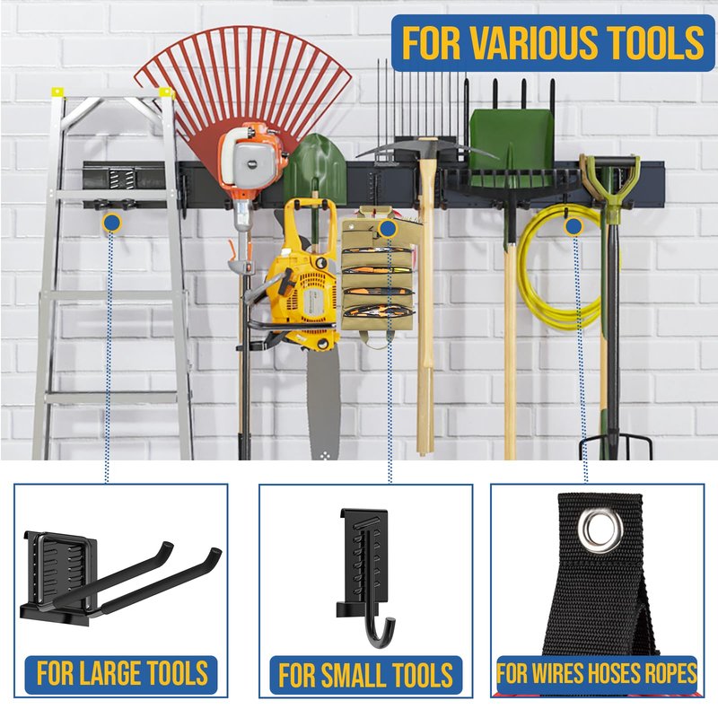 Volitaous 48Inch Garage Garden Tool Organizer Wall Mount, Heavy Duty Garage Tool Storage Rack, Adjustable Mix 9PC Metal Hooks, Rake Hangers Yard Tool Organizer Rack, Max 300Lbs