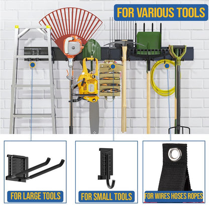 Volitaous 48Inch Garage Garden Tool Organizer Wall Mount, Heavy Duty Garage Tool Storage Rack, Adjustable Mix 9PC Metal Hooks, Rake Hangers Yard Tool Organizer Rack, Max 300Lbs