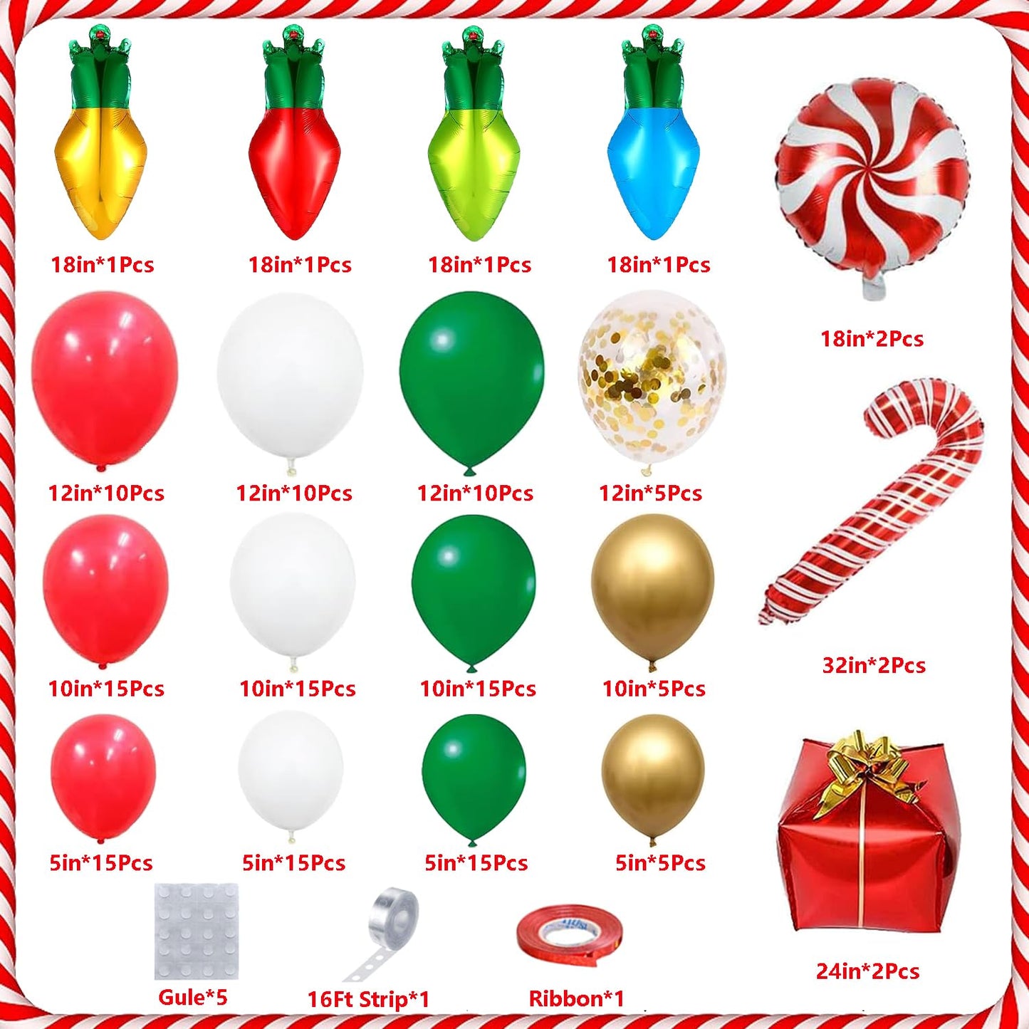 Grcypa 145Pcs Christmas Balloon Garland Arch Kit with Xmas Red White Green Gold Confetti Balloons Light Bulb Candy Cane Gift Box Foil Balloons for Christmas Party Decorations New Year Party Supplies
