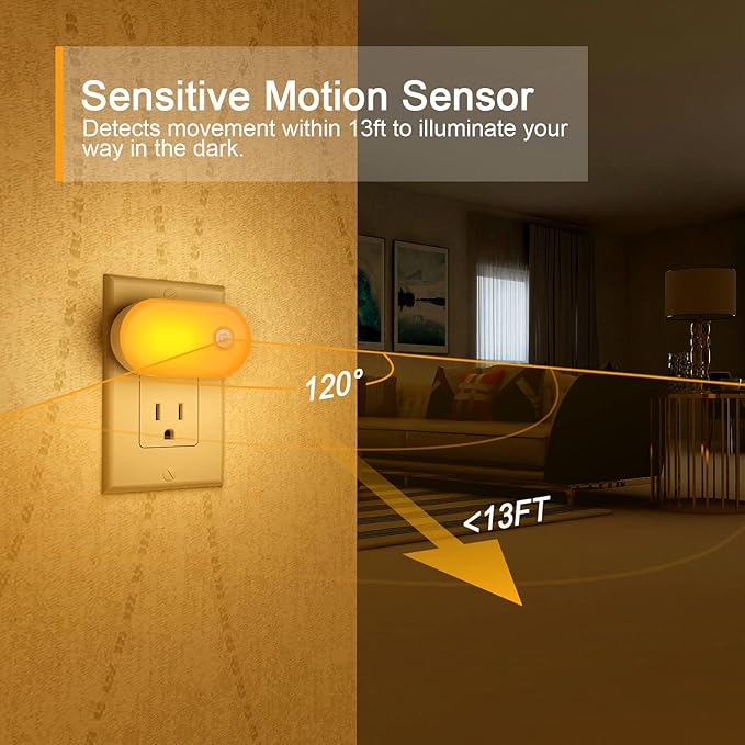 Lyridz Amber Night Light with Motion Sensor, Plug in LED Nightlights, 120LM Stepless Adjustable Brightness Ideal for Bathroom, Bedroom, Hallway, Stairs, Kids' Room, Nursery, Pet House, 2 Pack