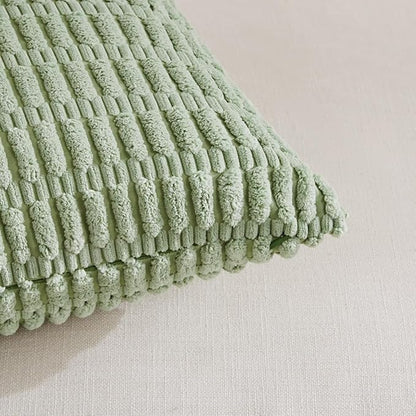 Fancy Homi Sage Green Decorative Throw Pillow Covers 20x20 Inch for Living Room Couch Bed Sofa, Soft Striped Corduroy Square Cushion Case 50x50 cm, Rustic Farmhouse Boho Home Decor
