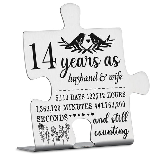 14 Years Anniversary Plaque Gift for Husband Wife, 14th Marriage Gift for Couple Ornament Decor Stainless Steel Puzzle Piece Decorative Signs Plaques YPP6