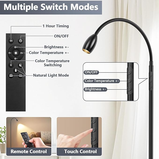 Reading Floor Lamp, 72" Tall LED Lamp with Flexible Gooseneck, Dimmable Zoomable Spotlight, Adjustable Color Beam Standing Lamp, Touch & Remote Control, Task Craft Bedroom Living Room, Matte Black