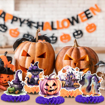 9 PCS Halloween Honeycomb Centerpieces for Table Decoration,Evil Pumpkin Skull Ghost Black Cat 3D Table Topper Sign Purple Orange for Happy Halloween Party Favor Bar Haunted House Decoration