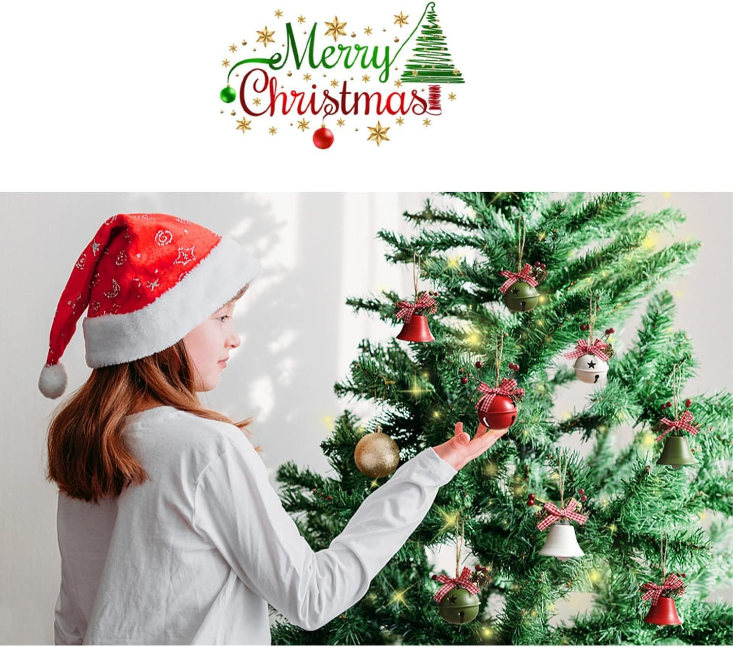 Christmas Bell Ornaments 2025 Xmas Tree Hanging Decorations Large Size Bells with Holly Berry for Crafts Holiday Party Favors Supplies (Red,Green, White) 6 Piece