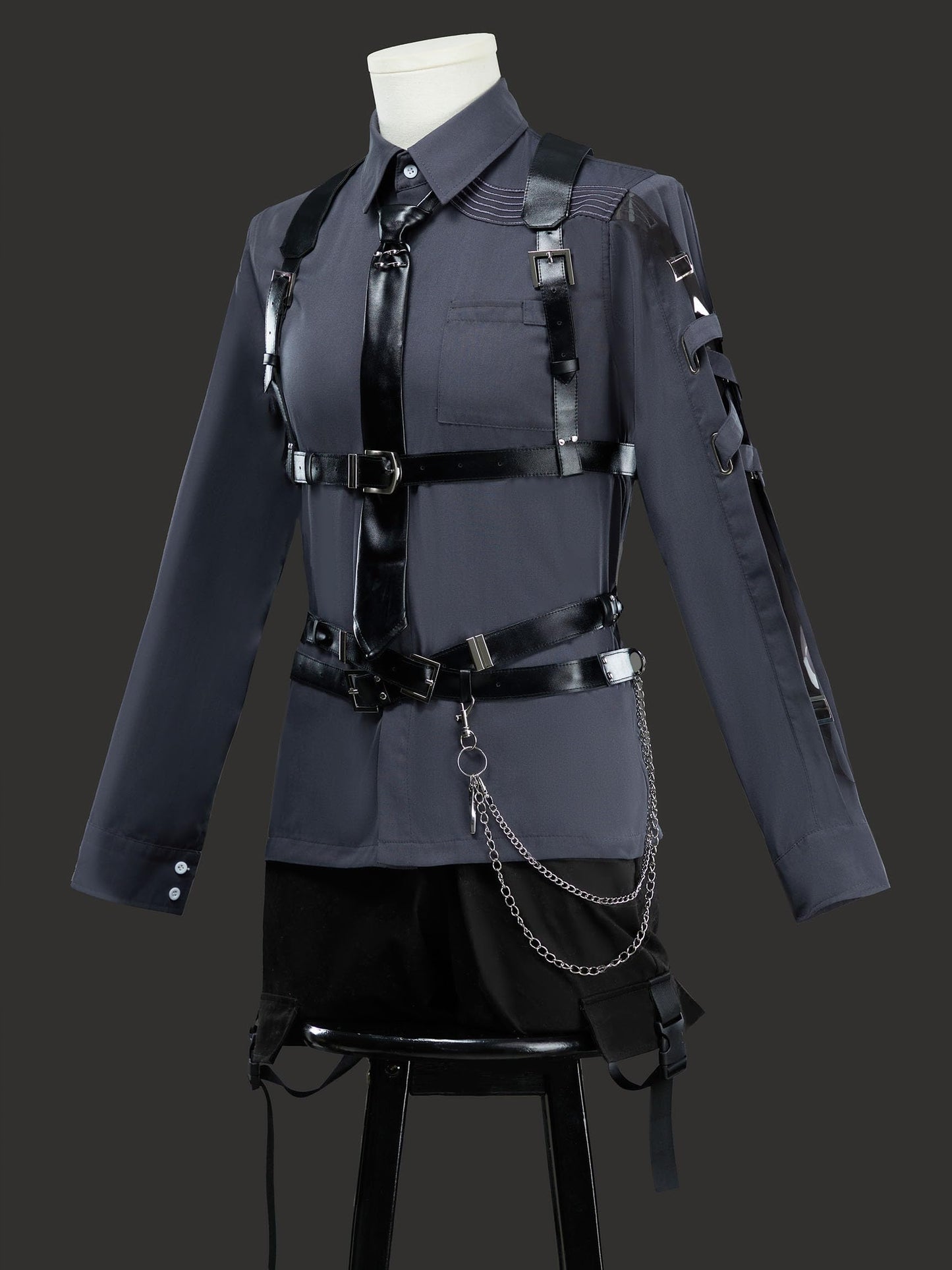 miccostumes Unisex Cosplay Accessory Black Leather Body Harness Belt Set with Waist Chain Gloves Necktie (black, S/M)