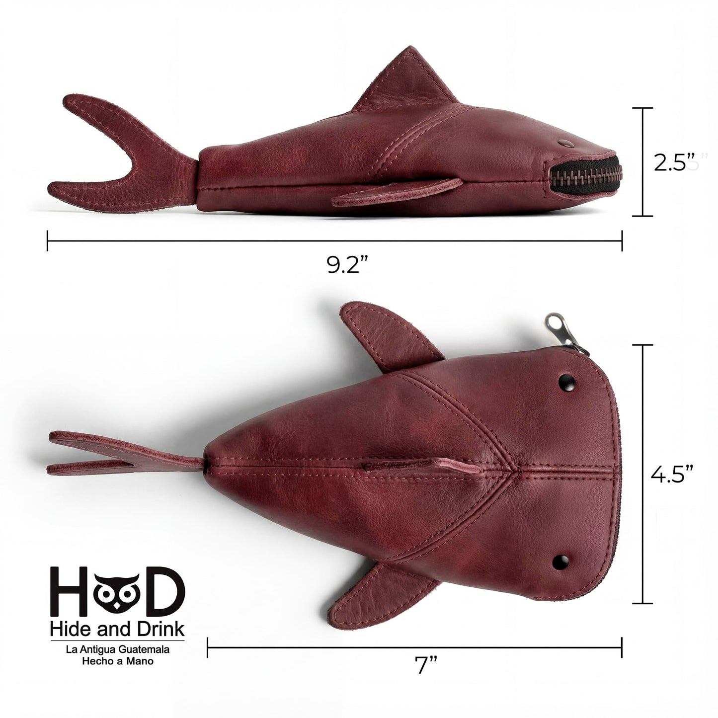 Hide & Drink, Full Grain Leather Zipper Coin Pouch, Change Bag, Pencil Purse, Scissors Case, Shark Shaped Cable Holder, Wallet, Makeup, Stuffed Animal, Handmade, Sangria