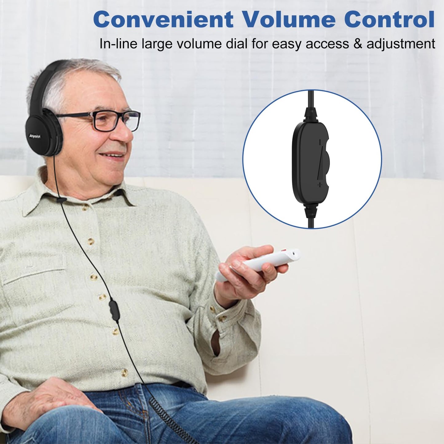 Joysico 19.5Ft / 6M Extra Long Cord Headphones for TV PC with Volume Control, Spring Coiled Cable, 3.5mm AUX, Wired Over Ear Earphones for Seniors Hard of Hearing, Large Comfortable Computer Headset