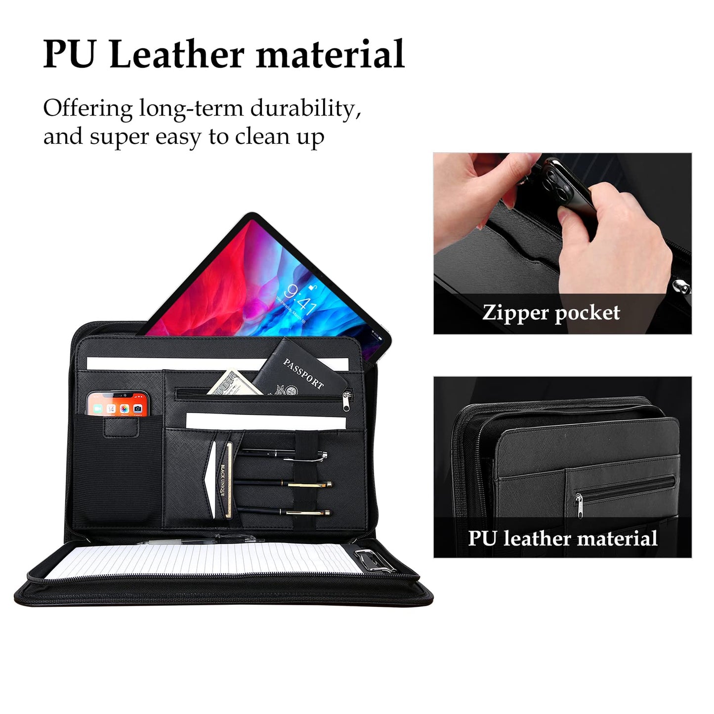 ProCase Portfolio Business Padfolio Folder with Zipper, Conference Meeting Executive File Legal Document Organizer with Pockets Letter Size A4 Writing Pad Notepad Padfolio -Black
