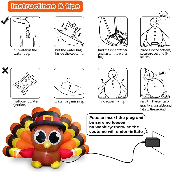 Thanksgiving Inflatables Turkey Outdoor Decorations 8FT Fall Inflatable Turkey with Built-in LED Lights with Big Tail Blow up Outdoor Lawn Yard Decoration