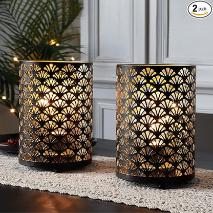 TRIROCKS Set of 2 Battery Operated Lamp 6.5'' Tall Metal Cordless Table Lamp Bronze Lanterns with Warm Fairy Lights Bulb for Patio Garden Wedding Parties Indoor Outdoor(Scalloped Hollow Pattern)