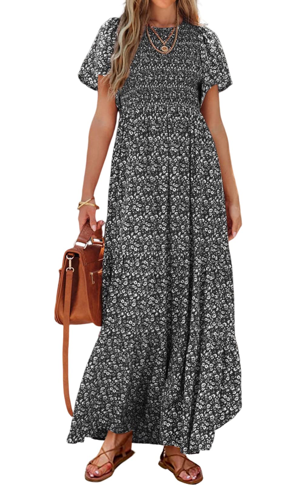 PRETTYGARDEN Women's 2025 Summer Casual Flutter Short Sleeve Boho Floral Maxi Dress Crew Neck Smocked Tiered Long Dresses