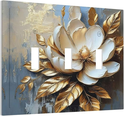 Decorative Art Light Switch Covers Gilded Bloom 3 Gang Triple Toggle Wall Plate Decorative Switch plate Electrical Faceplate for Home Decor
