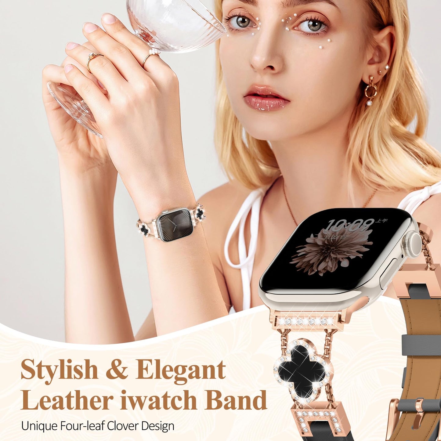 SOLOLUP Leather Band Compatible with Apple Watch Bands for Women 40mm 41mm 42mm 38mm,Dressy Slim Thin Cute Bracelet with Bling Buckle Metal Link Chain Band for iWatch 11 10 9 8 7 6 5 4 3 SE 3/2/1
