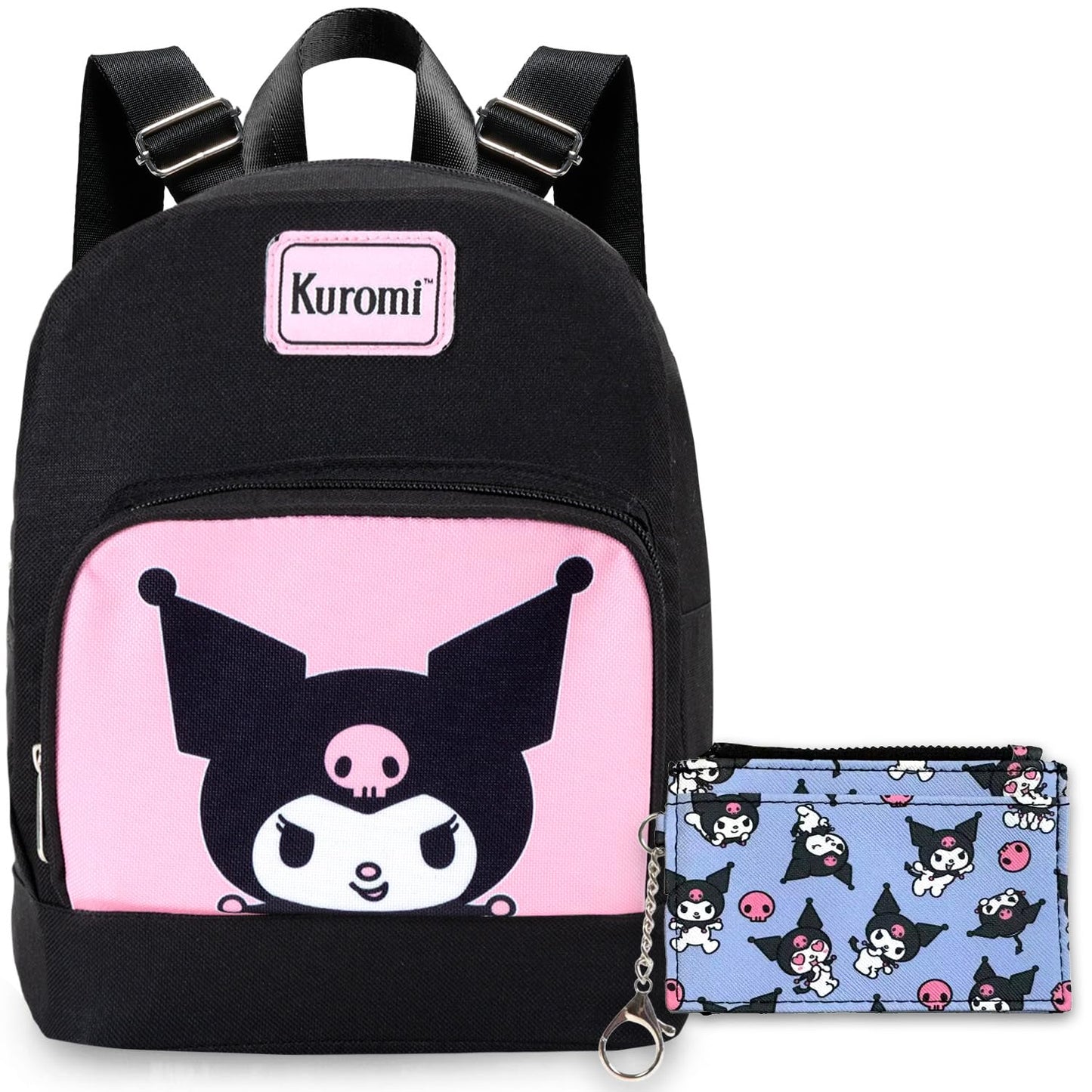 SANRIO Kuromi Mini Backpack with Wallet Set - Bundle with 10 Woven Backpack with Front Pocket and Card Organizer for Women | Kuromi Travel Bag Set