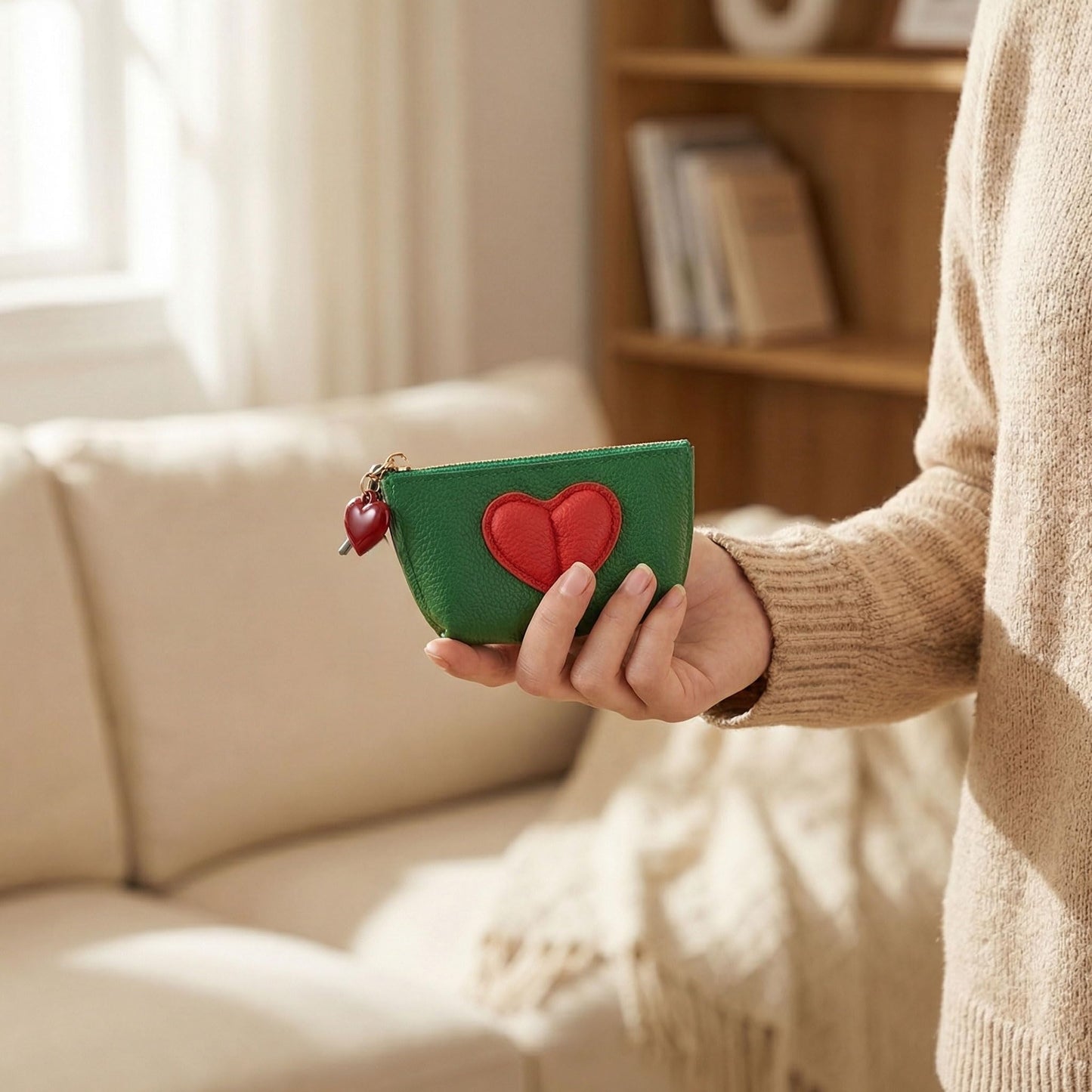 Red Heart Design Small Coin Purse - Cute Compact Keychain Change Purse Soft Leather Wallet with Zipper for Women (Green)