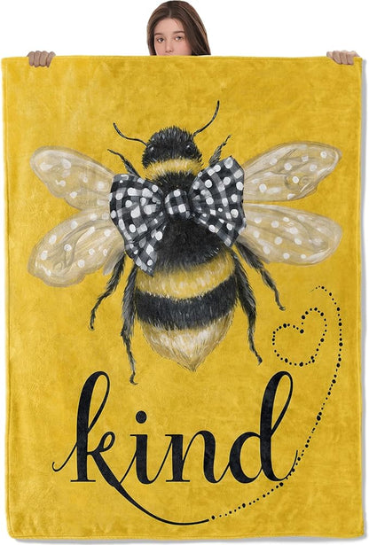 Bee Lightweight Throw Blanket, Bumblebee with Bow Tie and Heart, Warm Soft Cozy Flannel Blankets, Couch Dorm Home Decor All Season Use, 80x60in, Yellow, Gifts for Women and Insect Lovers