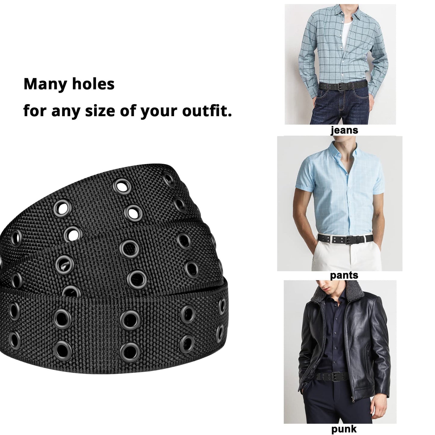 Drizzte 55'' Big and Tall Size Double Prong Belt Black Grommet Nylon Belts for Men Unisex