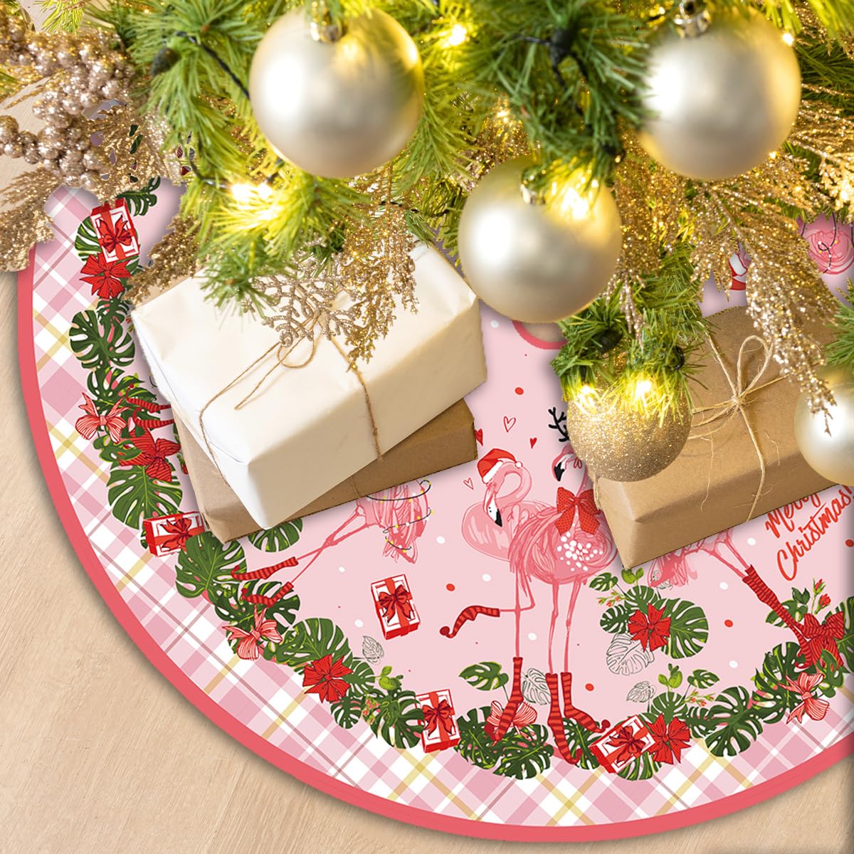 Flamingo Christmas Tree Skirt 48 Inch Beach Christmas Tree Collar Tropical Coastal Hawaliian Christmas Tree Decor Flamingo New Year Xmas Decor Christmas Decorations for Home Party