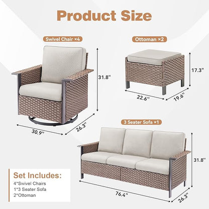 Outdoor Patio Furniture Set-7 Pieces All-Weather Wicker 3 Seater Sofa with Swivel Rocker Patio Chairs Set of 4, Wicker Sofa Outdoor Conversation Sets for Porch Deck Backyard Brown/Beige