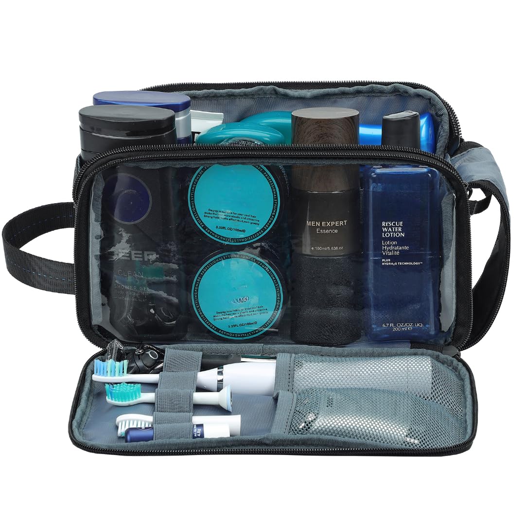 ZEEMO Travel Toiletry Bag for Men, Medium Water-Resistant Double-Sided Full-Open Dopp Kit, Versatile Organizer for Shower and Hygiene Accessories, Bathroom Essentials, Cosmetics, Black