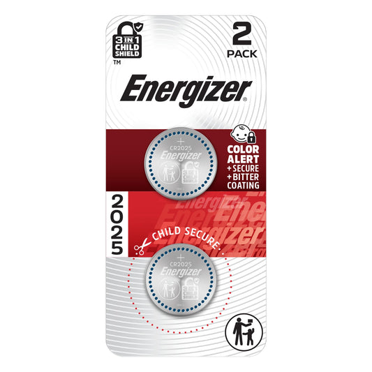 Energizer 2025 Batteries (2 Pack), 3V Lithium Coin Batteries With 3-in-1 Child Shield