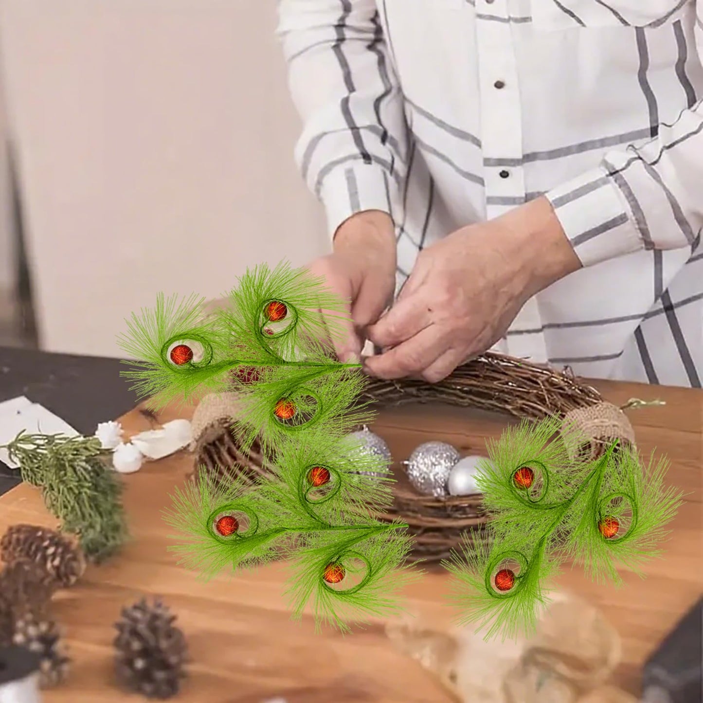 6 PCS 17" Christmas Tree Topper Christmas Floral Picks with 3 Red Ball,Xmas Artificial Flowers Wreath Green Stems,DIY Xmas Ornaments Crafts Winter Christmas Decorations Gift Wrapping