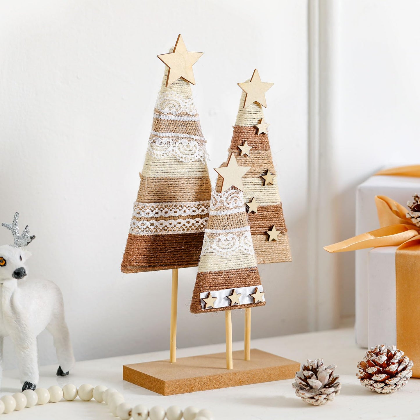 Cinnvoice Farmhouse Wooden Christmas Trees Tabletop Decorations Boho Christmas Tabletop Decor Rustic Wood Xmas Trees Hemp Rope Centerpieces Table Signs Home Decor for Shelf Windowsill
