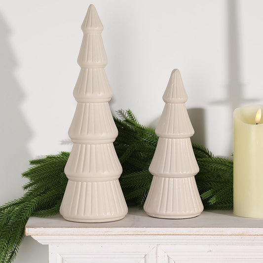 Christmas Decorations-2pcs Wooden Christmas Tree Figurine-Vintage Cone Indoor Xmas Decoration Centerpieces for Table Shelf Mantel and Living Room Home Decor(White)