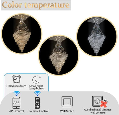 Flashing God D59''X H120'' Extra Large Chandeliers for High Ceilings Crystal Raindrop Chandeliers Large Villa Chandelier Entrance Foyer Crystal High Ceiling Light LED Dimmable 2700K-6000K Quadrate