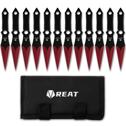 REAT Throwing Knives - 12 Piece, 6.5" 440 Stainless Steel with Cord-Wrapped Handle, Includes Nylon Carrying Case for Safe Storage,Ninja Kunai Knives for Competition,Recreation,Gifts for Men,Women (Red)