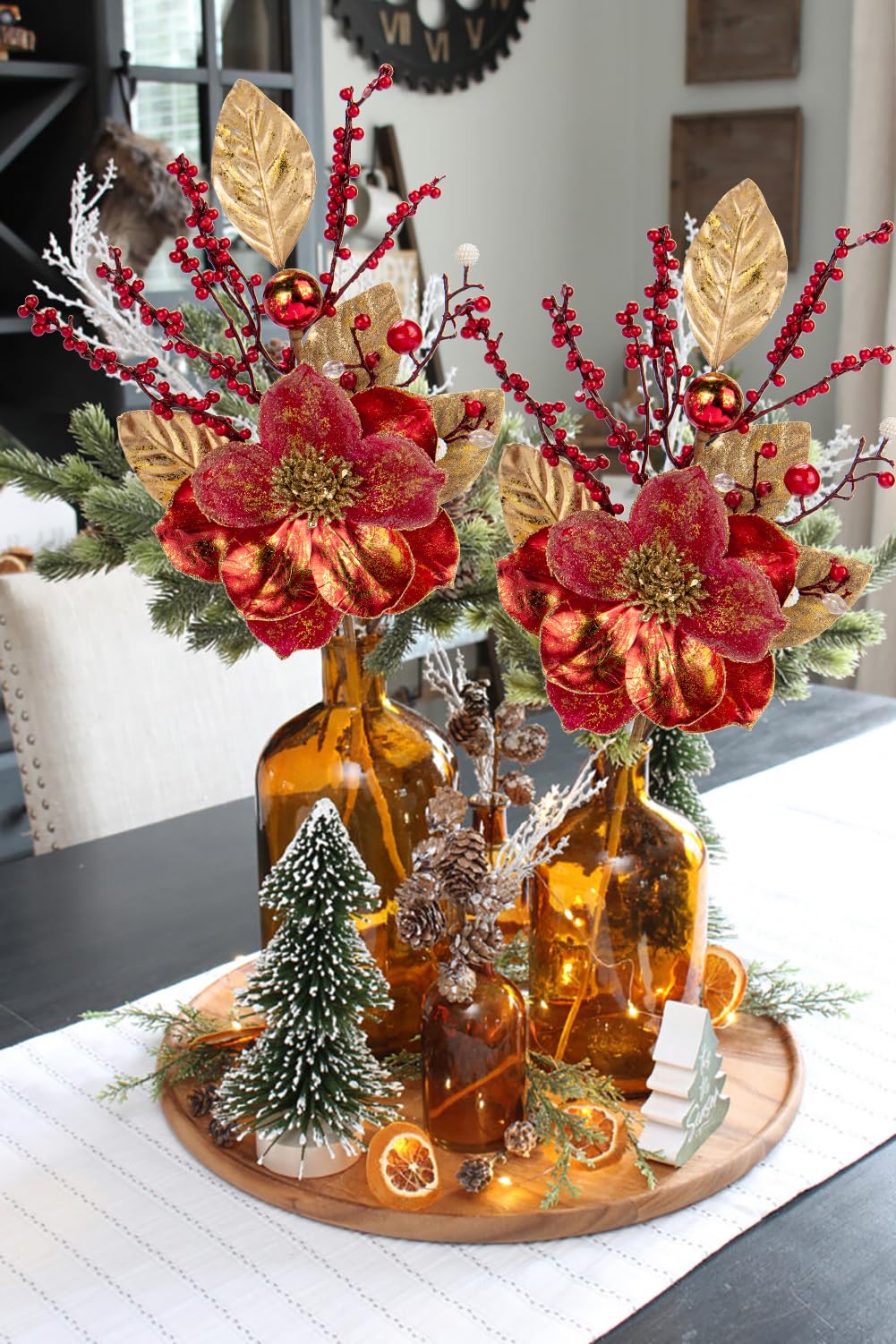 Briful 2PCS Christmas Glitter Magnolia Flowers Picks and Spray with Christmas Balls Ornament Red Berries Gold Leaves Branches for Xmas Tree Wreath Vase Floral Arrangement (Red Gold)