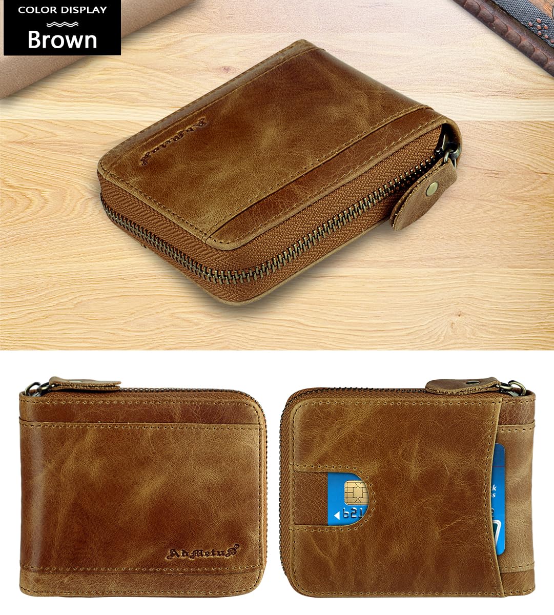 Mens RFID Blocking Wallets Zipper Leather Wallet for Men Bifold RFID Card Holder Tan