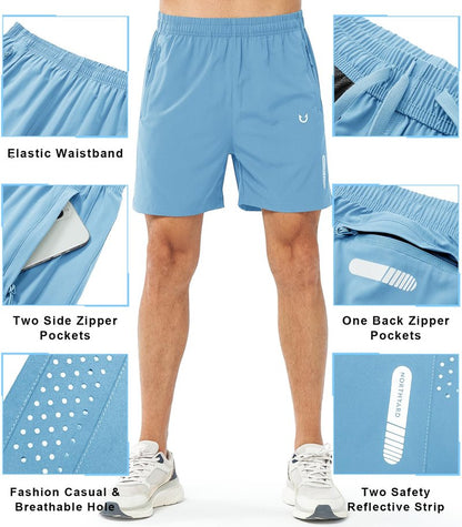 NORTHYARD Men's Athletic Running Shorts Gym Workout 7"/9"/5" Quick Dry Lightweight Sports Basketball Tennis 3 Zipper Pockets SKYBLUE-5inch S