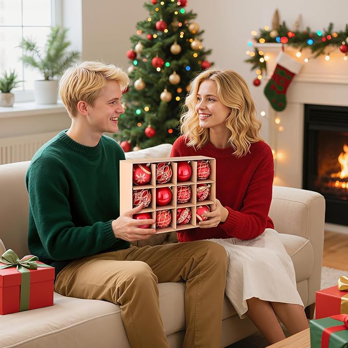 EveryMerry 12-Pack 3.1 Inch Christmas Ornaments Set - Red & Gold Ornament Balls with 5 Various Designs, Decorations with Strings, Sturdy, Kraft Box with Lid for Xmas Tree, Holiday Party & Home Decor